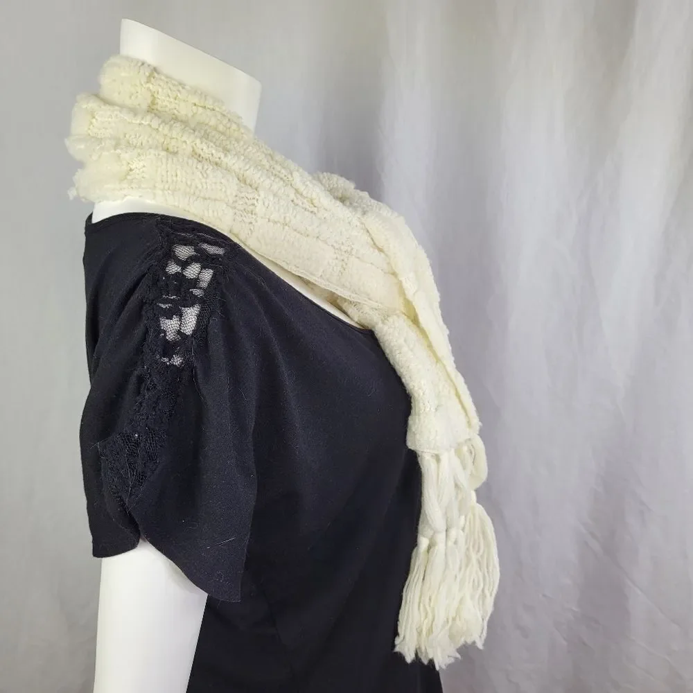 Vintage Creme-Colored Wide Scarf‎ with Fringe